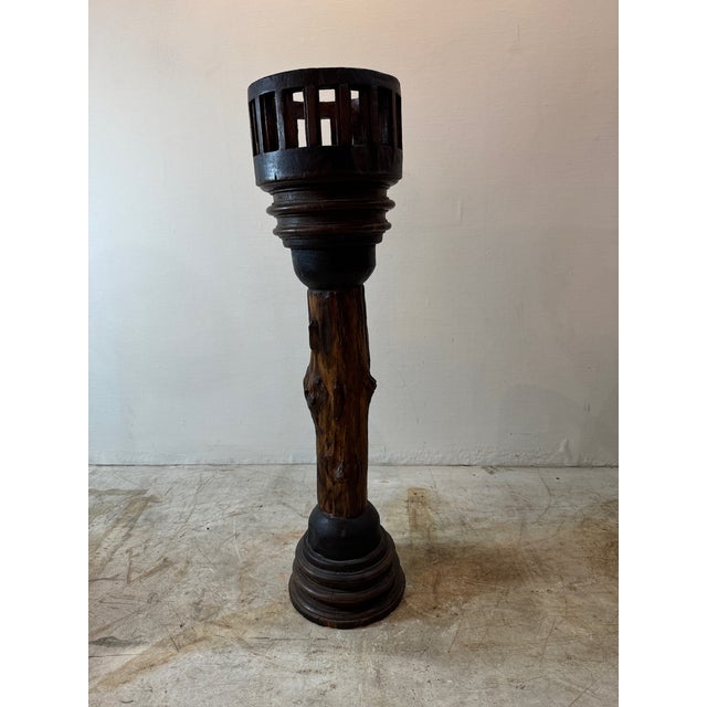 Rustic Antique Rustic Wooden Plant Stand With Wheel Axle Base For Sale - Image 3 of 8