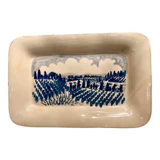 1980s Large Hand-Painted Italian Ceramic Serving Platter, Blue Landscape For Sale