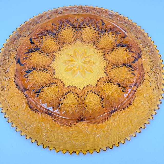 Indiana Glass Company 1960s Indiana Sandwich Glass Tiara Amber Deviled Egg Serving Platter Sawtooth Rim 12" For Sale - Image 4 of 5