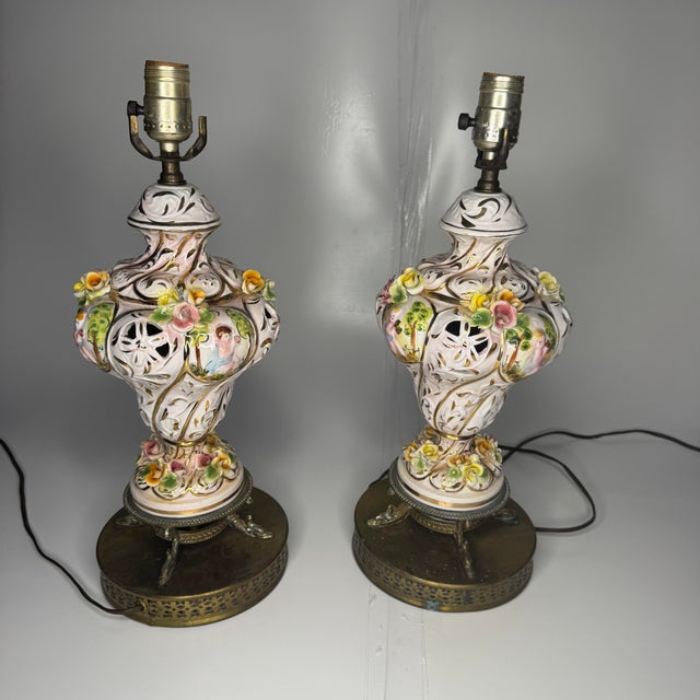 Italian Capodimonte Cherub and Floral Table Lamps- A Pair For Sale - Image 9 of 12