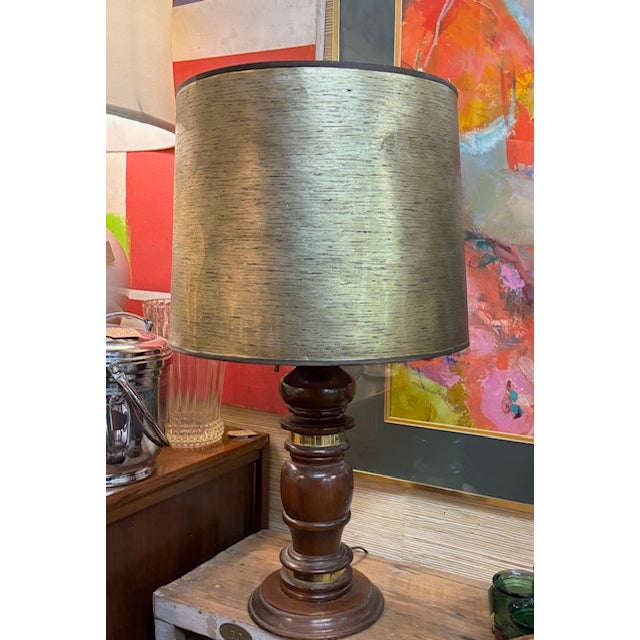 Mid-Century Modern Mid Century Wood and Brass Lamp With Original Gold Parchment Shade For Sale - Image 3 of 7