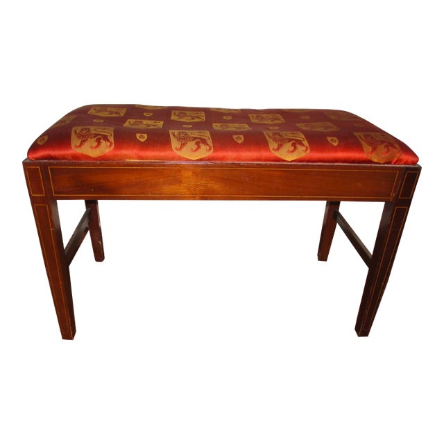 Late 19th Century Antique Hepplewhite Inlaid Mahogany With Red English Lion Fabric Bench / Vanity Bench For Sale