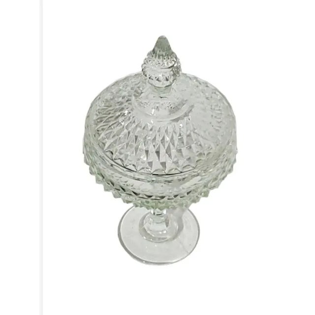 Vintage Indiana Glass Clear Diamond Point Glass Tall Pedestal Footed Candy Jar/Dish and Lid, Clear Glass Lidded Compote...
