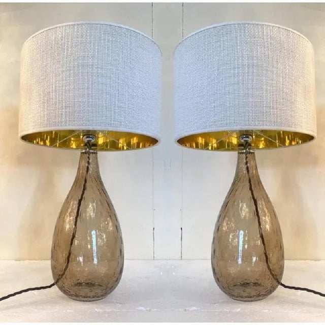 Contemporary fumè table lamp murano glass a luxury piece of italian handcraft a set of two lamps with white lampshades all...