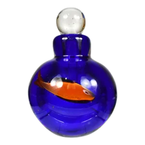 Mid-Century Handblown Murano Cobalt Blue Perfume Bottle With Red Fish Design Art Glass