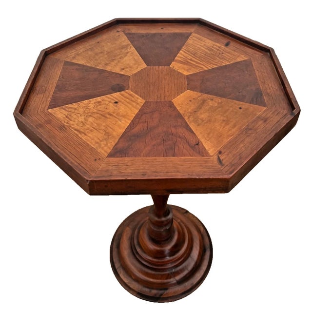Antique Inlaid Octagonal Wood Accent Table Geometric Iron Cross Marquetry Top For Sale In Palm Springs - Image 6 of 11