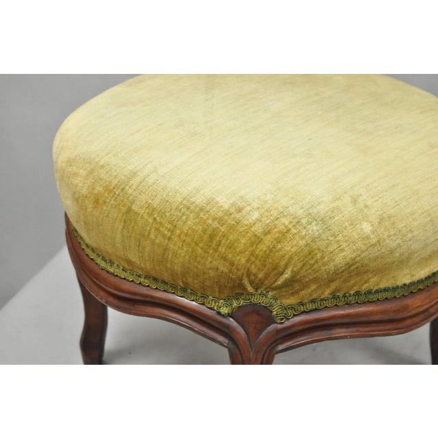Wood Antique Victorian Carved Mahogany Green Mohair Fabric Round Footstool Ottoman For Sale - Image 7 of 11