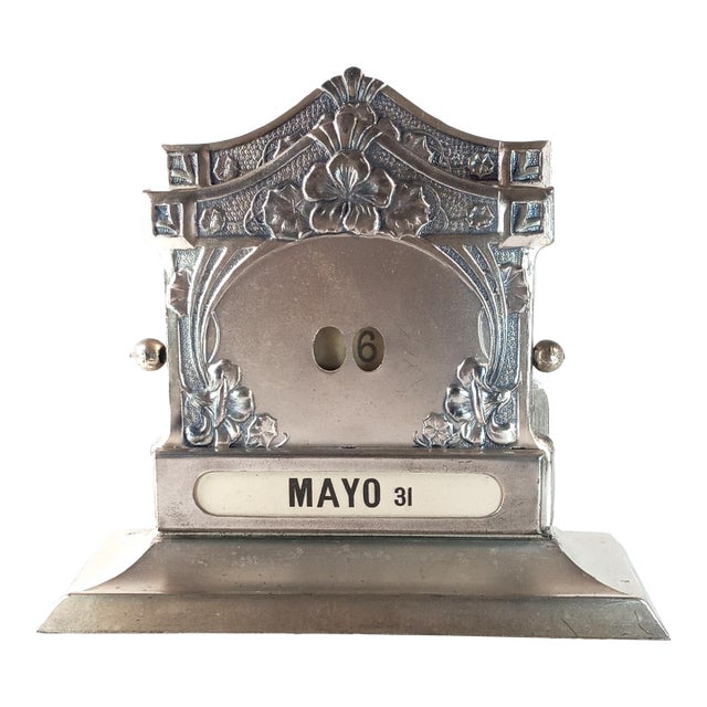 Art Nouveau Silvered Perpetual Desk Calendar & Card Holder by Henry Matthews For Sale