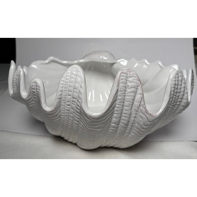 Pottery Barn Coastal Nautical White Ceramic Clamshell Serving Bowl For Sale - Image 4 of 12