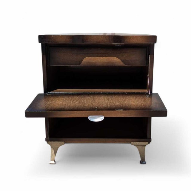1950s Atomic Walnut Drop-Front Nightstand With Metal Legs, Mid-Century For Sale - Image 16 of 16