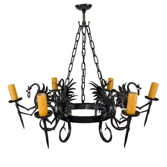 Large Wrought Iron Ceiling Light with Dragons, 1890s For Sale