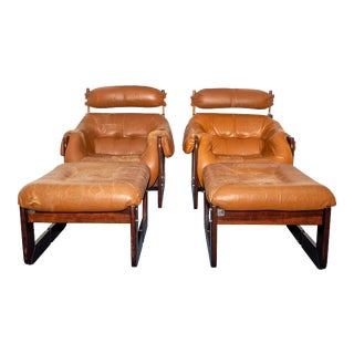 Percival Lafer Leather and Rosewood Chairs With Head Rests and Ottomans - 4 Pieces For Sale