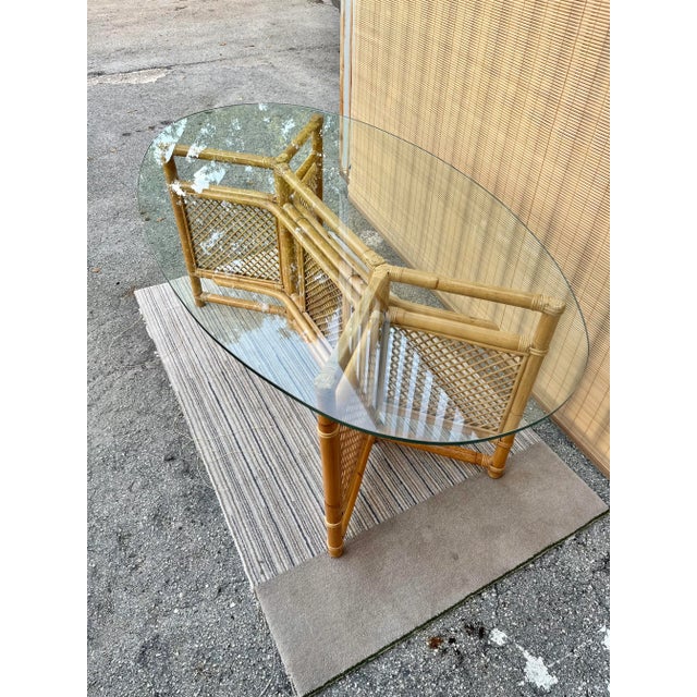 Hollywood Regency Vintage Coastal Style Oval Glass Top Rattan Dining Table. For Sale - Image 3 of 13