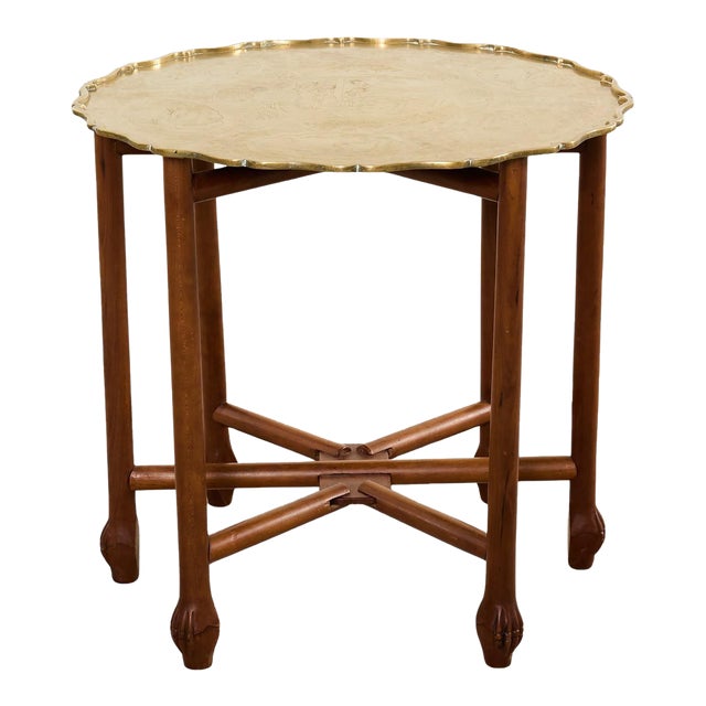 Asian Etched Brass Tray Table on Six Leg Folding Stand For Sale
