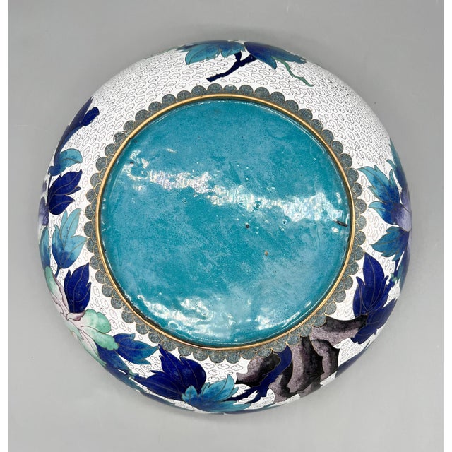 Large Cloisonné Floral Bowl With Peony Motif on Carved Wood Stand — Chinoiserie / Asian Traditional For Sale - Image 15 of 18