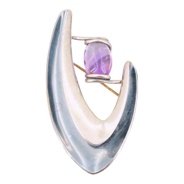 Mid 20th Century Mid-Century Modern Sigi Pineda Taxco, Mexico Sterling Silver & Amethyst Brooch For Sale