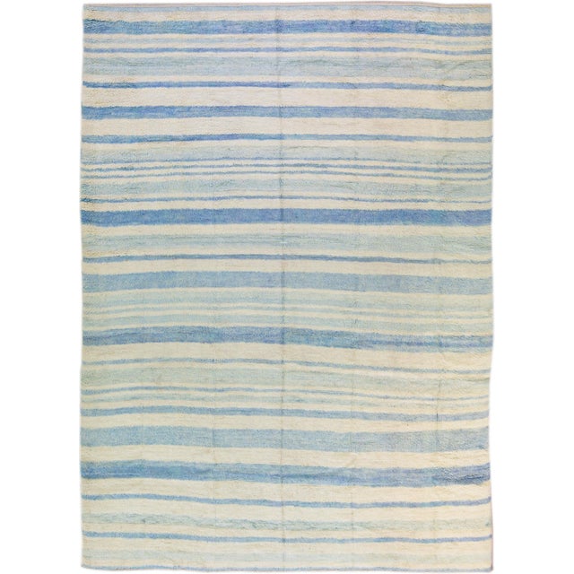 Modern Moroccan Style Handmade Stripe Pattern Ivory and Blue Wool Rug For Sale - Image 10 of 10