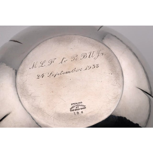 The Kalo Shop hand-hammered sterling silver bowl with a scalloped form is in the Arts and Crafts Style and is marked #18....