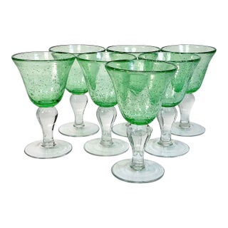 Vintage Italian Rustic European Controlled Bubble Hand Blown Glass Wine Goblets - Set of 7, After Murano For Sale