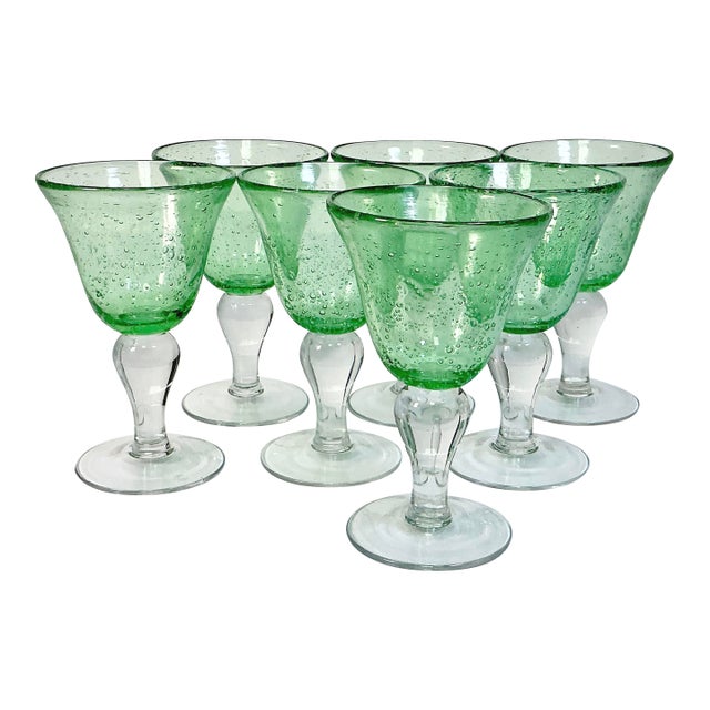 Vintage Italian Rustic European Controlled Bubble Hand Blown Glass Wine Goblets - Set of 7, After Murano For Sale
