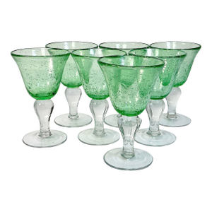 Vintage Italian Rustic European Controlled Bubble Hand Blown Glass Wine Goblets - Set of 7, After Murano