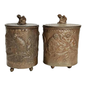 1990s Castilian Imports Brass Embossed Monkey Canisters- Set of 2