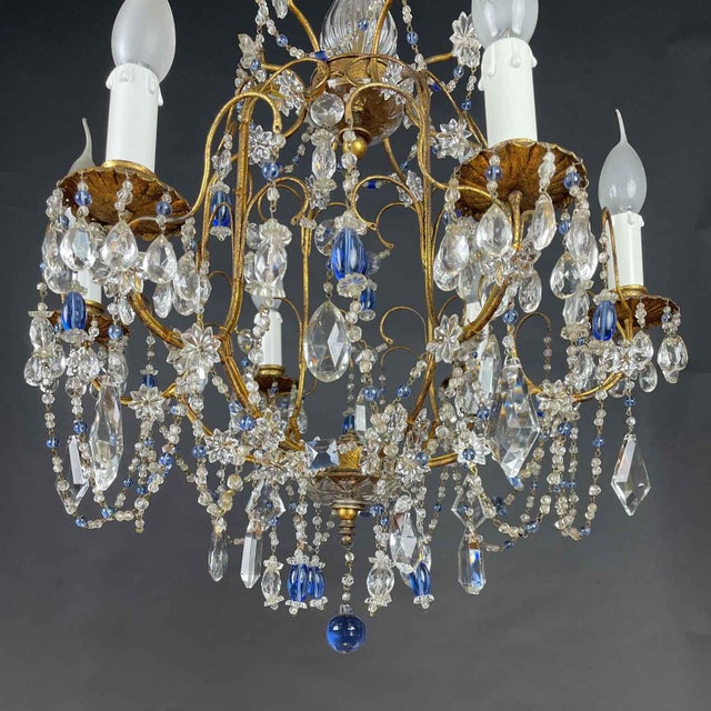 Chandelier in Golden Iron and Light Blue Crystals, 1950s For Sale - Image 12 of 14