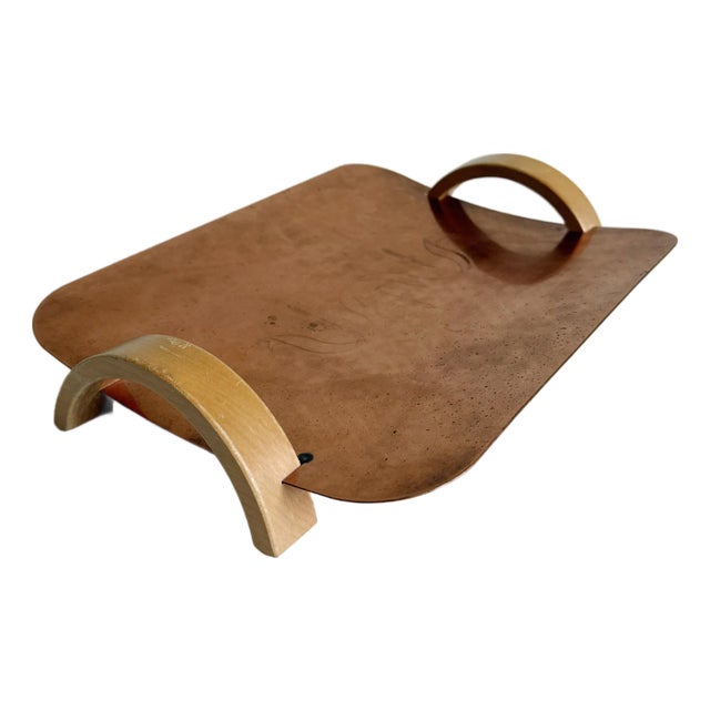 Art Deco Copper Tray With Curved Wood Handles For Sale