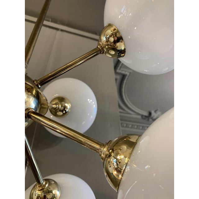 Goldenrod Sputnik Chandelier in Golden Brass with 8 Opaline Glass Ball Globes, 1970s For Sale - Image 8 of 12