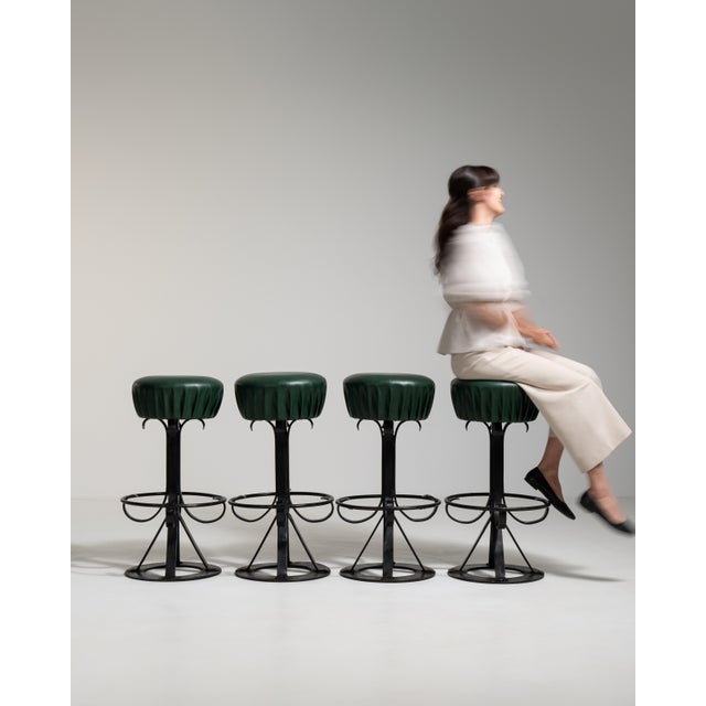 1970s Set of Four Bar Stools with Wrought Iron Bases For Sale - Image 13 of 16