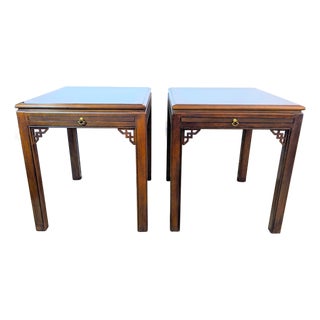 Drexel Heritage Chinese Chippendale Banded Mahogany Side Tables, Pair For Sale