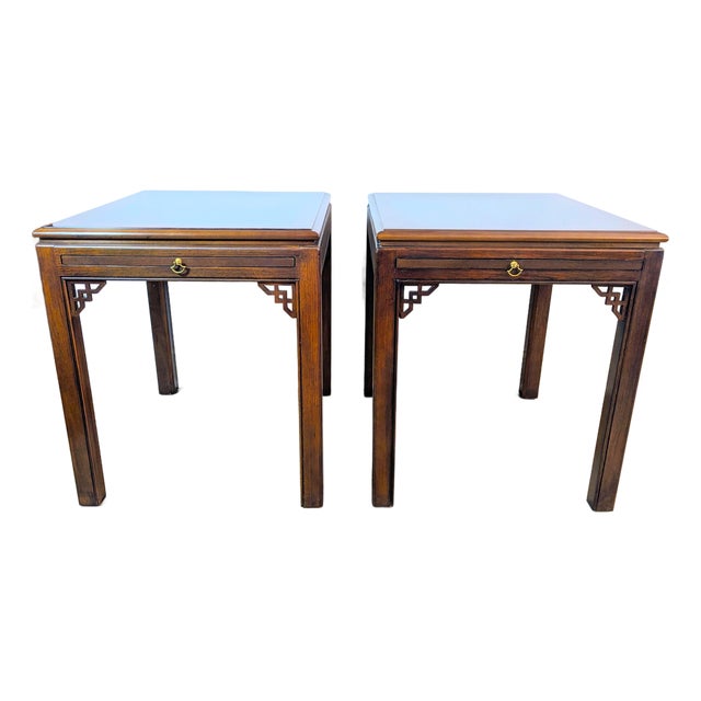 Drexel Heritage Chinese Chippendale Banded Mahogany Side Tables, Pair For Sale