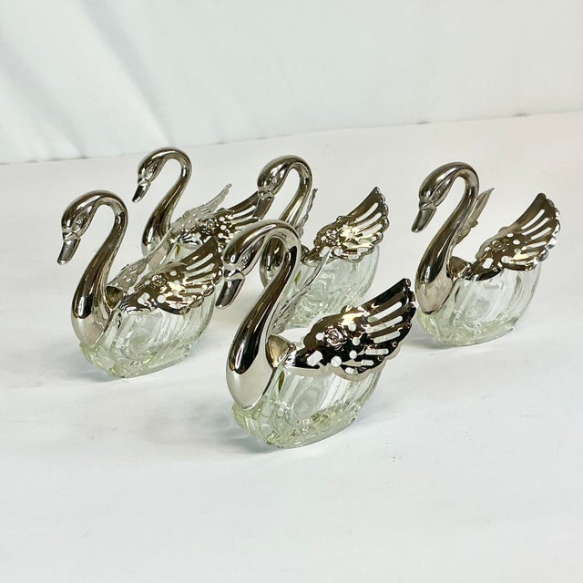 Metal Vintage Coastal Hollywood Regency Swan Salt Cellars, Articulating Wings, Silver Plate - Set of 5. For Sale - Image 7 of 14