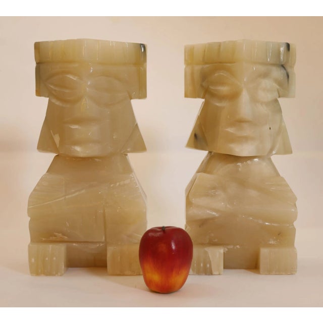 Gemstone Vintage Carved Mexican Aztec Mayan Figure Onyx Stone Bookends 1950s For Sale - Image 7 of 12