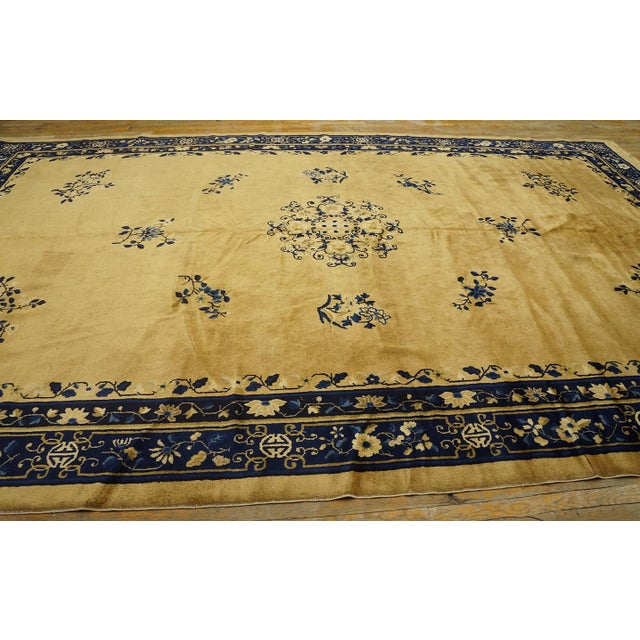 1920s Beige Floral Deco Oriental Antique Peking Room Size Wool Knotted Rug For Sale - Image 4 of 10