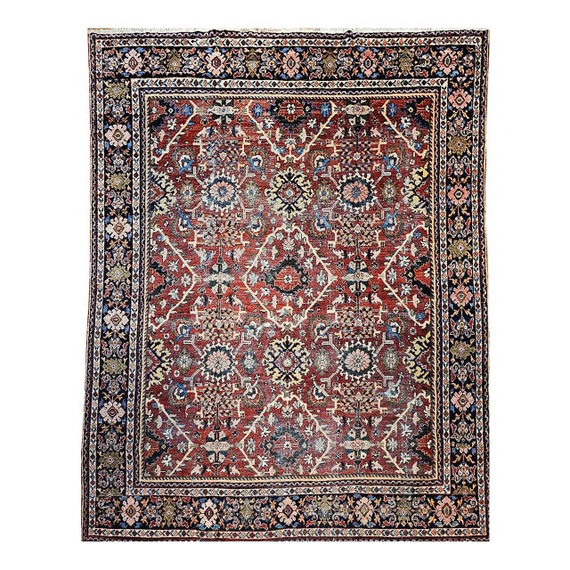 Antique Persian Mahal Sultanabad Rug, Hand-Knotted Wool, Geometric Pattern, 11x13, Red & Navy For Sale