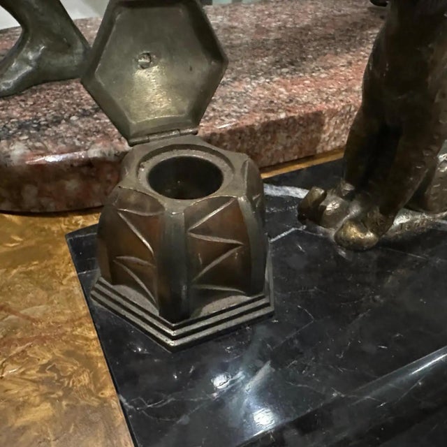 This is a 1920s French Art Deco inkwell made from black and white marble with metal detailing. The centerpiece of the...