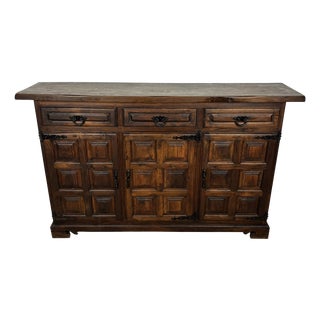 Spanish Rustic Oak Sideboard with Paneled Doors and Iron Hardware, 1930s For Sale