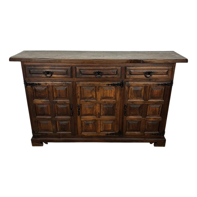 Spanish Rustic Oak Sideboard with Paneled Doors and Iron Hardware, 1930s For Sale