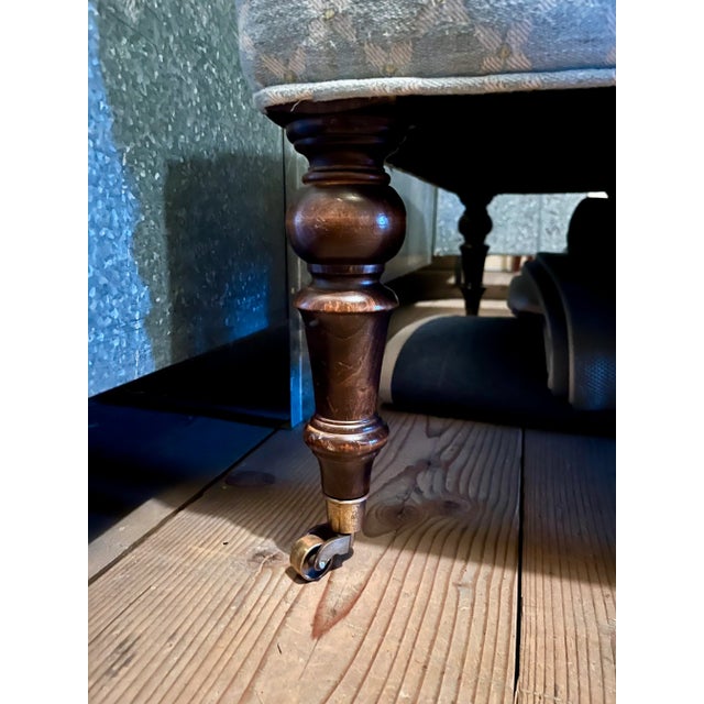 1990s Colefax & Fowler Fabric on Upholstered Ottoman with Turned Feet & Brass Casters For Sale - Image 4 of 8