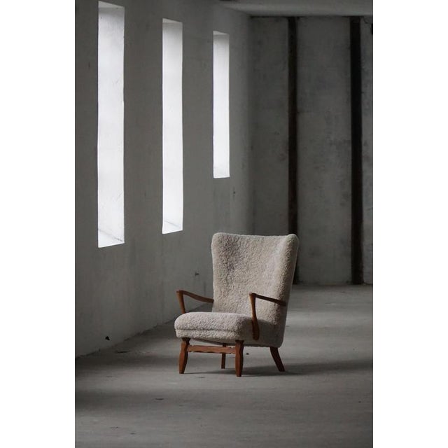 Wood Vintage Danish Highback Chair in Oak and Shearling Lambswool by Viggo Boesen, 1950s For Sale - Image 7 of 17