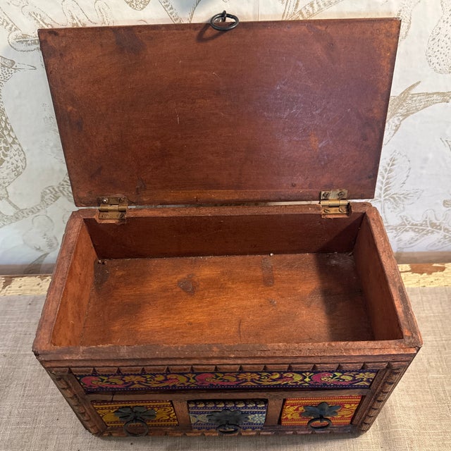 Indian Vintage Wood, Fabric, and Metal Jewelry Storage Box India For Sale - Image 3 of 11