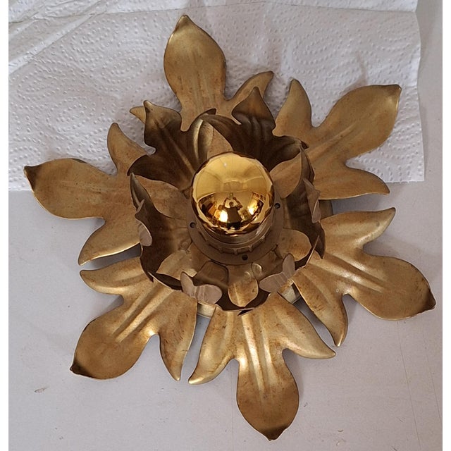 Flat Florentine Ceiling Lamp with Gold-Bronze Metal Frame, 1980s For Sale - Image 6 of 8
