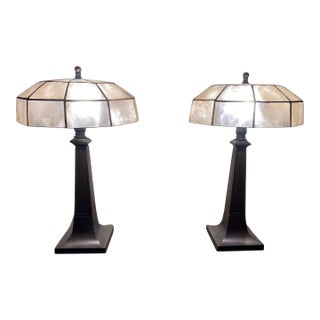 Early 20th Century Table Lamps With Faceted Capiz Shades - a Pair For Sale