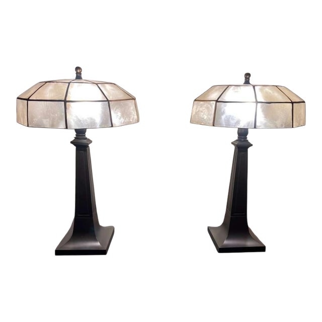 Early 20th Century Table Lamps With Faceted Capiz Shades - a Pair For Sale