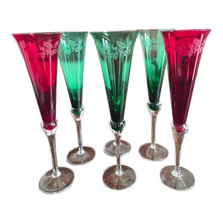 Set of Six Colored Crystal Champagne Flutes From Lenox 'Holiday Gems' Collection For Sale
