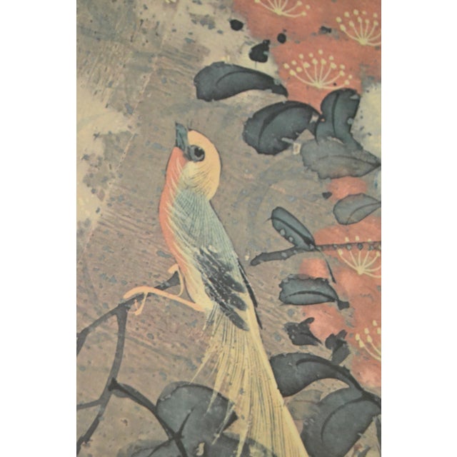 Early 20th Century Signed 2 Matching Framed Asian Paintings Chinoiserie Hand Painted Bird Scene Gilt Faux Bamboo For Sale - Image 9 of 17