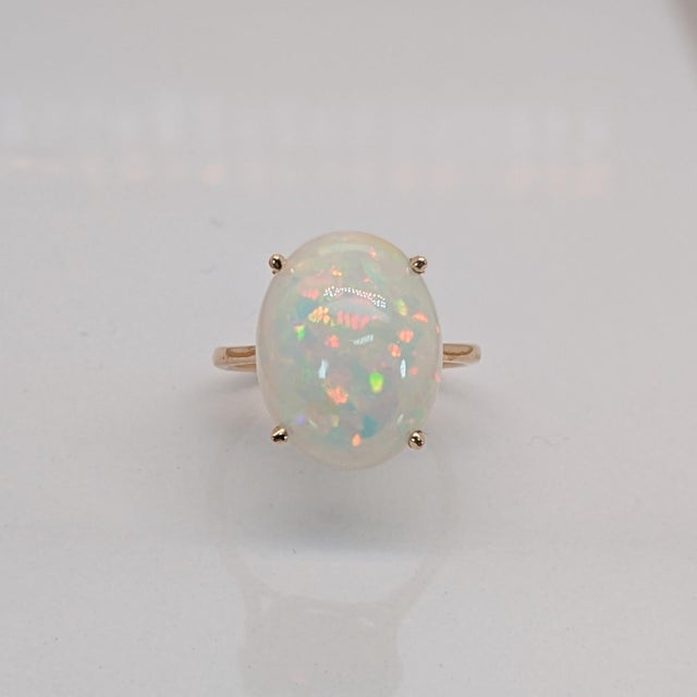 Modern Classic Natural Opal Solitaire Ring: Solid 14k Gold, Oval 14×11mm - Fine Jewelry, Size 6.75 For Sale - Image 3 of 7