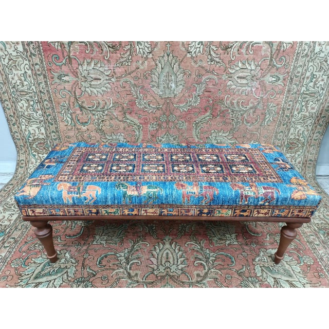Handmade Blue Printed Rug Fabric Upholstered Dining Bench For Sale - Image 9 of 9