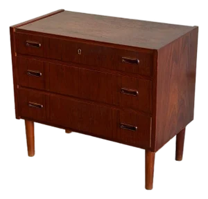 1960s Mid Century Danish Teak 3 Drawer Chest – Vintage Scandinavian Small Dresser on Tapered Legs